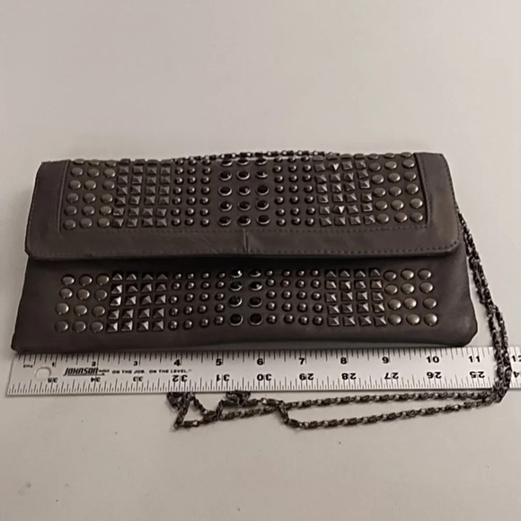 Gray Clutch Crossbody bag Gunmetal Studs Black Faceted Stones Removable Chain - Picture 3 of 11